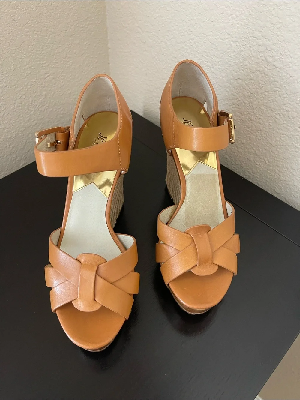 Michael Kors Cognac Leather Wedge Sandals with Ankle Buckle